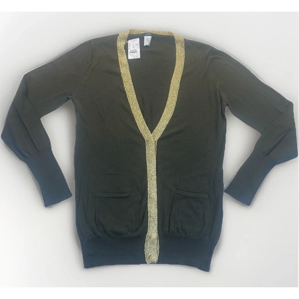 J. Crew Cardigan‎ Sweater Women's M Olive Metallic Gold Trim Cotton Wool